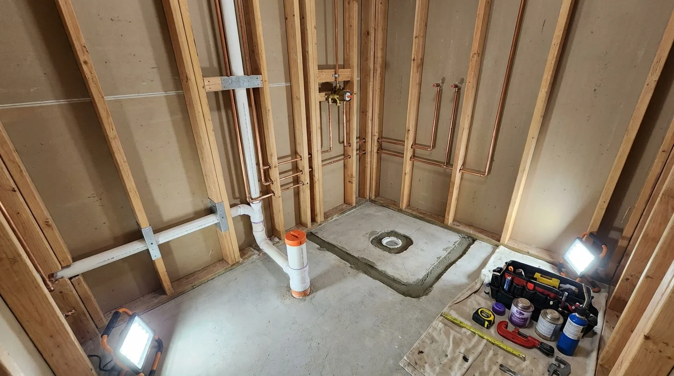 Bathroom rough-in plumbing during remodel by Johns Plumbing LLC in Reidsville