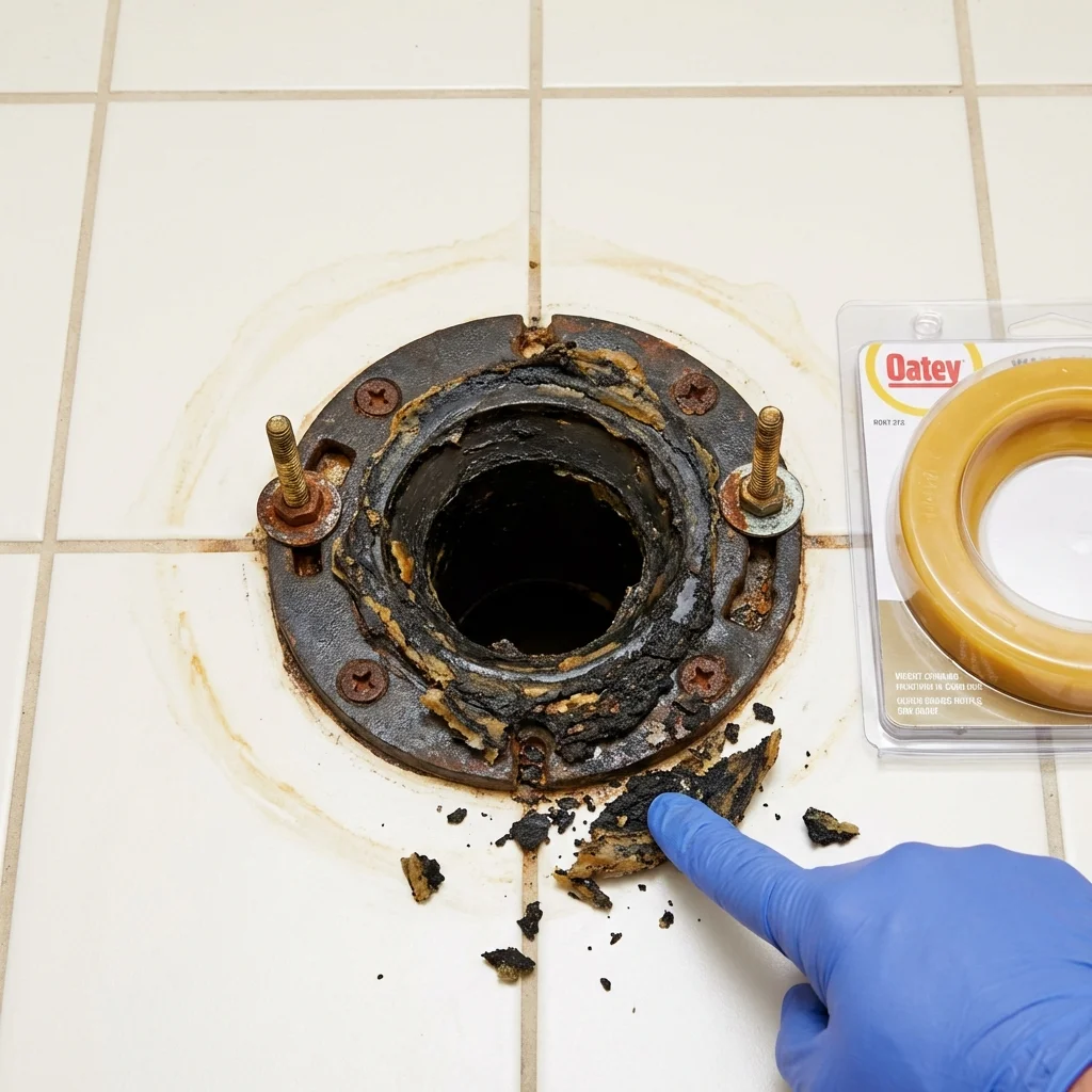 Failed wax ring showing water seepage at the base of a toilet in a Reidsville, GA home