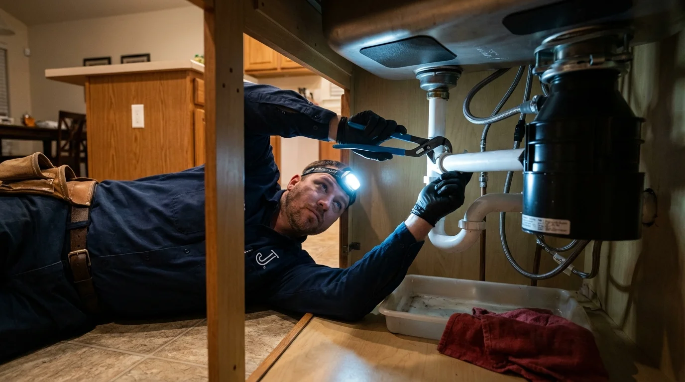 P-trap and supply line connections under a kitchen sink showing a common leak point in Reidsville, GA